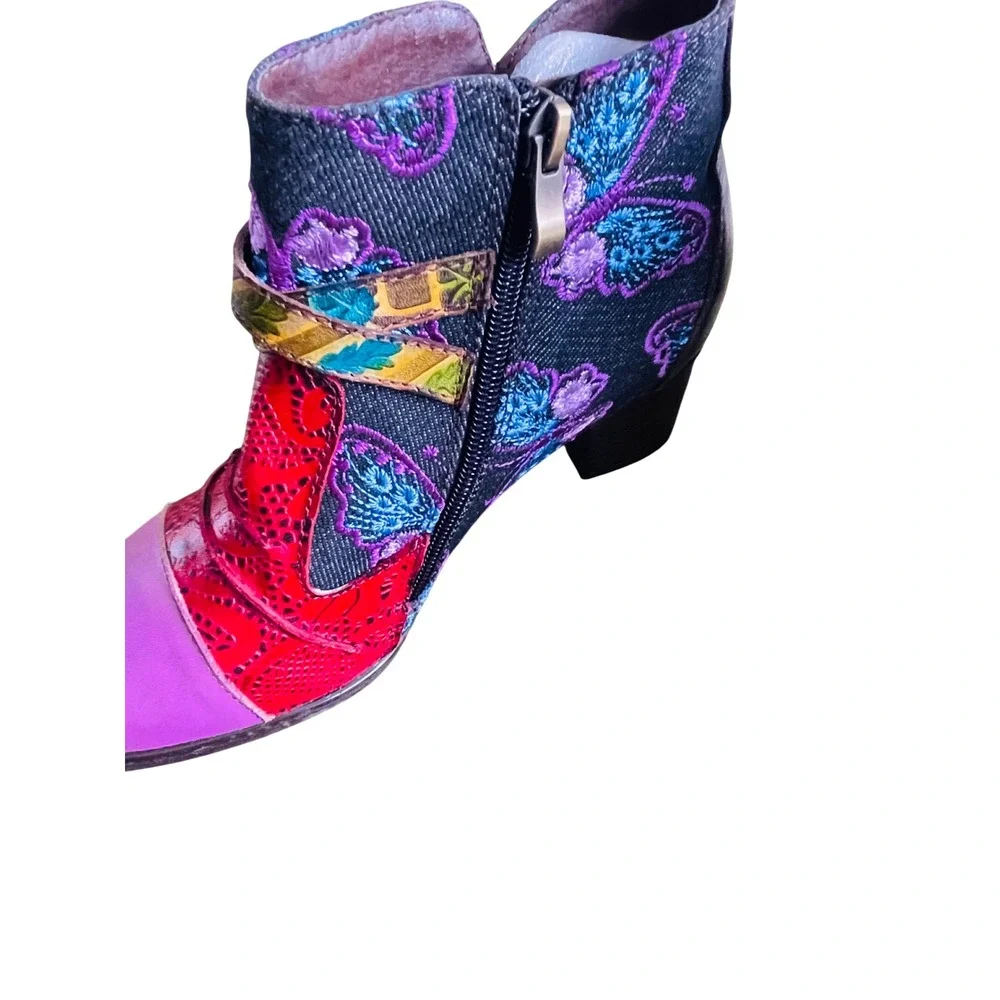 Socofy Patchwork Butterfly Embroidered Ankle‎ Boots Floral Block Heel 36 US 5.5